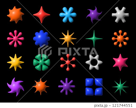 3d y2k brutalism shapes of abstract stars and flowers. Vector graphic liquid geometric figures on black background. Retro futuristic glossy stars, flowers or sparks y2k shapes with liquid metal effect 3d y2k brutalism shapes of abstract stars and flowers. Vector graphic liquid geometric figures on black background. Retro futuristic glossy stars, flowers or sparks y2k shapes with liquid metal effect 121744551