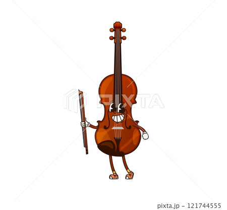 Cartoon contrabass, double bass groovy musical instrument character with smiling face and bow in hand playing classic music. Isolated vector musician equipment personage ready for orchestra concert Cartoon contrabass, double bass groovy musical instrument character with smiling face and bow in hand playing classic music. Isolated vector musician equipment personage ready for orchestra concert 121744555