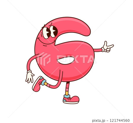 Groovy number 6, retro cartoon math character with funny face and happy smile, vector emoji. Groovy number 6 Six numeral with silly face and funky finger gesture for mathematics cartoon character Groovy number 6, retro cartoon math character with funny face and happy smile, vector emoji. Groovy number 6 Six numeral with silly face and funky finger gesture for mathematics cartoon character 121744560