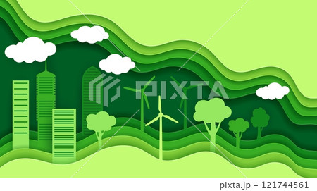 Paper cut eco city banner with vector 3d wavy layered borders. Green energy skyscraper buildings, trees, clouds and wind turbines paper cut cityscape. Eco city concept, ecology and environment themes Paper cut eco city banner with vector 3d wavy layered borders. Green energy skyscraper buildings, trees, clouds and wind turbines paper cut cityscape. Eco city concept, ecology and environment themes 121744561