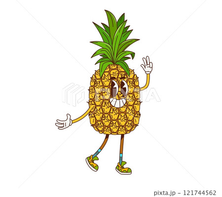 Groovy retro cartoon pineapple fruit character with funny face and smile, vector comic emoji. Groovy pineapple tropical fruit with Hi Hello gesture and happy freaky or funky smile in retro cartoon art Groovy retro cartoon pineapple fruit character with funny face and smile, vector comic emoji. Groovy pineapple tropical fruit with Hi Hello gesture and happy freaky or funky smile in retro cartoon art 121744562