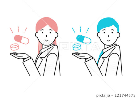 薬を掲げる白衣を着た女性と男性のイラスト 薬を掲げる白衣を着た女性と男性のイラスト 121744575
