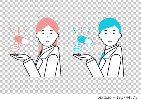 薬を掲げる白衣を着た女性と男性のイラスト 薬を掲げる白衣を着た女性と男性のイラスト 121744575