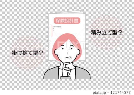 保険に関して掛け捨て型にするか積立型にするかを悩む女性 保険に関して掛け捨て型にするか積立型にするかを悩む女性 121744577