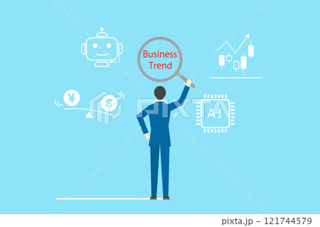 虫眼鏡でビジネスに関するトレンドを分析する後ろ姿のビジネスマンのイラスト 121744579