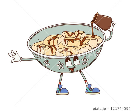 Cartoon retro groovy Japanese warabi mochi dessert character. Charming bowl with pastry pouring brown sugar syrup on itself. Vector Asian food dish personage feature friendly face and sweet indulgence Cartoon retro groovy Japanese warabi mochi dessert character. Charming bowl with pastry pouring brown sugar syrup on itself. Vector Asian food dish personage feature friendly face and sweet indulgence 121744594