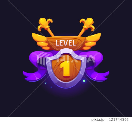 Game level up badge icon, victory rank shield. Arcade victory screen level up isolated vector icon. Gambling jackpot or game rating popup UI sign with golden wings, purple ribbon and wooden shield Game level up badge icon, victory rank shield. Arcade victory screen level up isolated vector icon. Gambling jackpot or game rating popup UI sign with golden wings, purple ribbon and wooden shield 121744595