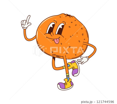 Cartoon retro groovy tangerine fruit character in sneakers, exudes retro funky vibe with a cheeky smile. Isolated vector ripe and cheerful tropical orange or mandarin citrus fruit personage pointing Cartoon retro groovy tangerine fruit character in sneakers, exudes retro funky vibe with a cheeky smile. Isolated vector ripe and cheerful tropical orange or mandarin citrus fruit personage pointing 121744596