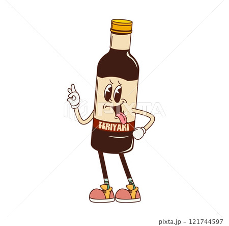 Cartoon retro groovy teriyaki sauce character with funny face, vector comic fast food. Groovy funky teriyaki sauce bottle with yummy tongue out smile and Ok sign gesture for silly fast food character 121744597