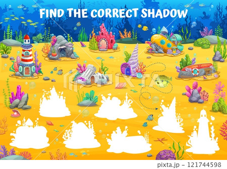 Kids game worksheet, find a correct shadow of underwater fairytale houses. Children education activity vector puzzle quiz of tropical ocean bottom with cartoon funny home buildings, sea animals, fish 121744598