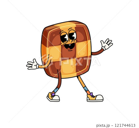 Cartoon funny shortbread cookie groovy character with playful and funky vibe. Isolated vector bakery with chocolate and biscuit checkers decoration. Sweet pastry dessert personage with smiling faceV 121744613