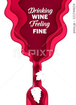 Paper cut red wine bottle with waves of alcohol drink, grapes bunch and vine leaf. Vector 3d paper cut bottle and wavy splash of red grape wine beverage with origami layered borders, winery or bar Paper cut red wine bottle with waves of alcohol drink, grapes bunch and vine leaf. Vector 3d paper cut bottle and wavy splash of red grape wine beverage with origami layered borders, winery or bar 121744614
