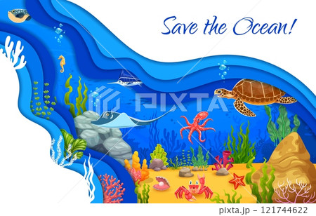 Save the ocean paper cut poster. Aquatic wildlife, ecology protection and ocean save paper cut vector banner with sea bottom seaweeds, crab, manta ray and octopus, turtle, marlin, puffer fish animals 121744622