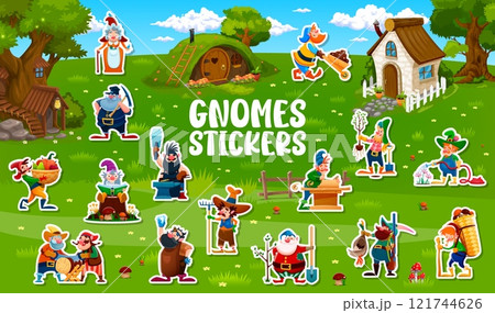 Stickers pack of cartoon senior gnomes and dwarf characters. Gardener, carpenter, hunter dwarf and miner, blacksmith, farmer gnomes working on fairy village meadow funny vector personages stickers set 121744626