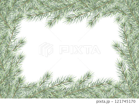Christmas card horizontal template with fir tree branches. Hand drawn watercolor isolated illustration on white background with empty space for text, A4. For New year greeting cards template. 121745170