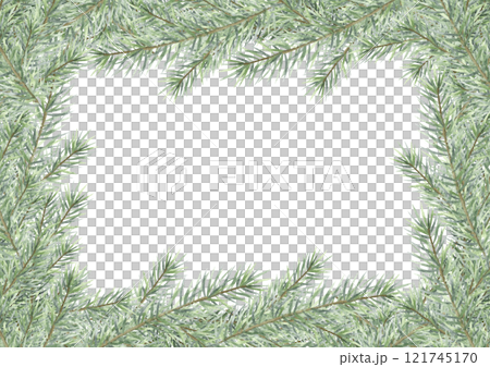 Christmas card horizontal template with fir tree branches. Hand drawn watercolor isolated illustration on white background with empty space for text, A4. For New year greeting cards template. 121745170