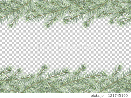 Christmas card horizontal template with fir tree branches. Hand drawn watercolor isolated illustration on white background with empty space for text, A4. For New year greeting cards template. 121745190