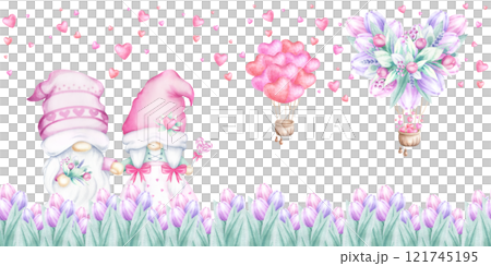 Couple of gnomes in middle of tulips. Balloons and flying hearts in pastel pink color watercolor isolated seamless border. Hand draw festive banner for romantic Valentines Day packing tape and design. Couple of gnomes in middle of tulips. Balloons and flying hearts in pastel pink color watercolor isolated seamless border. Hand draw festive banner for romantic Valentines Day packing tape and design. 121745195
