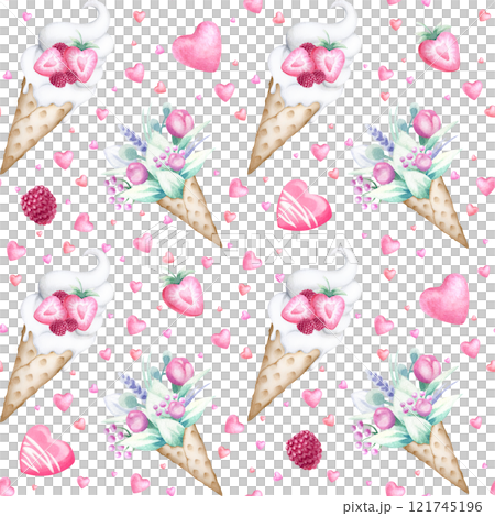 Seamless pattern with ice cream, bouquet of flowers in waffle cone, cake and flying hearts. Hand draw watercolor isolated endless illustration for romantic Valentines, Mother and Women Day design. 121745196