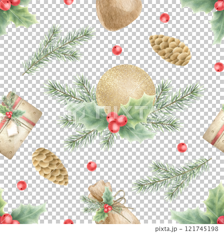 Christmas seamless pattern with golden ball, gift box, holly, berries, leaves, spruce branches and cones. Hand drawn watercolor illustration isolated on white for New Year packaging paper and textile. Christmas seamless pattern with golden ball, gift box, holly, berries, leaves, spruce branches and cones. Hand drawn watercolor illustration isolated on white for New Year packaging paper and textile. 121745198