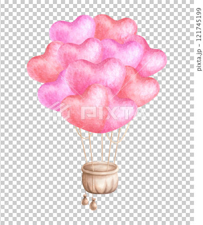 Balloon made of hearts with basket suspended on ropes. Hand draw watercolor isolated illustration on white for romantic Valentines Day greeting card template, invitation and weddings designs. Balloon made of hearts with basket suspended on ropes. Hand draw watercolor isolated illustration on white for romantic Valentines Day greeting card template, invitation and weddings designs. 121745199