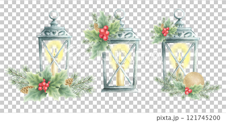 Retro old lantern with glowing candle inside, golden ball, holly plant, fir branch and cone. Hand drawn watercolor isolated vintage composition set for Christmas greeting card and festive packaging. Retro old lantern with glowing candle inside, golden ball, holly plant, fir branch and cone. Hand drawn watercolor isolated vintage composition set for Christmas greeting card and festive packaging. 121745200