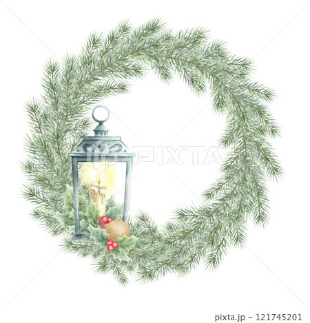 Christmas lush wreath with vintage lantern, spruce branches, burning candle, gold ball and holly. Hand drawn watercolor isolated festive illustration for New Year greeting cards, sticker and label. Christmas lush wreath with vintage lantern, spruce branches, burning candle, gold ball and holly. Hand drawn watercolor isolated festive illustration for New Year greeting cards, sticker and label. 121745201