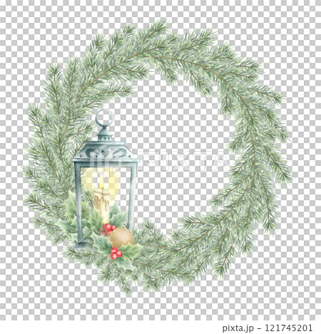 Christmas lush wreath with vintage lantern, spruce branches, burning candle, gold ball and holly. Hand drawn watercolor isolated festive illustration for New Year greeting cards, sticker and label. 121745201