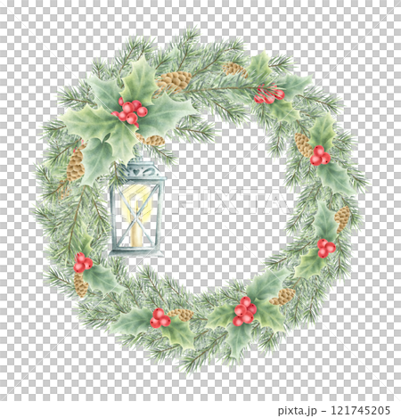 Christmas lush wreath with vintage lantern, burning candle, spruce branches and holly. Hand drawn watercolor isolated festive illustration for New Year greeting cards templates, sticker and label. 121745205