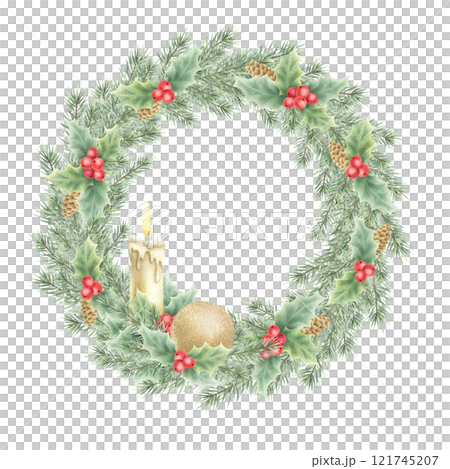 Christmas lush wreath with holly, burning candle, gold ball, fir branches and cones. Hand drawn watercolor isolated festive illustration for New Year greeting cards template, sticker, tags and design. 121745207