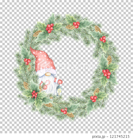Christmas wreath with gnome with lantern, holly berry and leaves, spruce branches and cones. Hand drawn watercolor isolated festive illustration for New Year greeting card templates, sticker and tag. 121745215