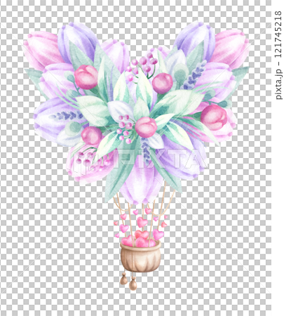Heart shaped flower balloon with a basket filled with flying hearts. Hand draw watercolor isolated illustration on white for romantic Valentines Day greeting card, invitation and weddings designs. 121745218