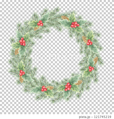 Christmas lush wreath with holly, red berries, green leaves, fir branches and cones. Hand drawn watercolor isolated festive illustration for New Year greeting cards template, sticker, tags and design. Christmas lush wreath with holly, red berries, green leaves, fir branches and cones. Hand drawn watercolor isolated festive illustration for New Year greeting cards template, sticker, tags and design. 121745219