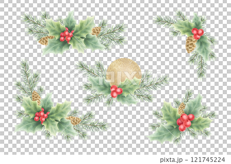 Christmas spruce branches, cones, golden ball and holly berries and leaves watercolor isolated illustrations. Hand drawn corner composition set for New Year winter holidays greeting cards and designs. 121745224