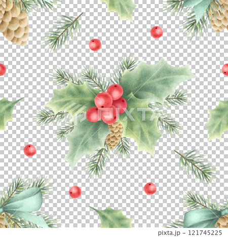 Christmas seamless pattern with cones, bows, holly, berries, leaves and spruce branches. Hand drawn winter watercolor illustration isolated on white for New Year festive packaging paper and textile. Christmas seamless pattern with cones, bows, holly, berries, leaves and spruce branches. Hand drawn winter watercolor illustration isolated on white for New Year festive packaging paper and textile. 121745225