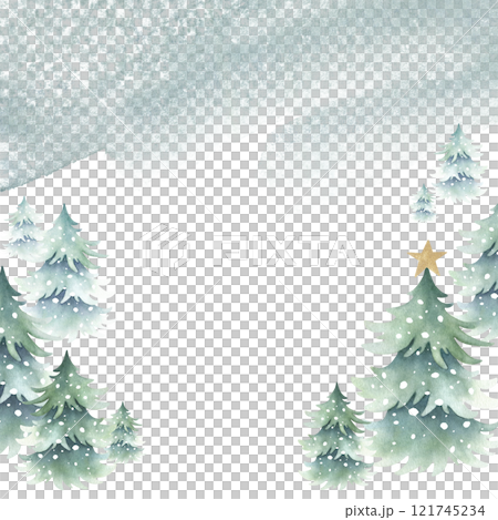 Christmas spruces snow-covered with golden star and green stain. Hand drawn watercolor fir trees isolated illustration, square greeting card template with copy space for text for New year, A4, A5. 121745234