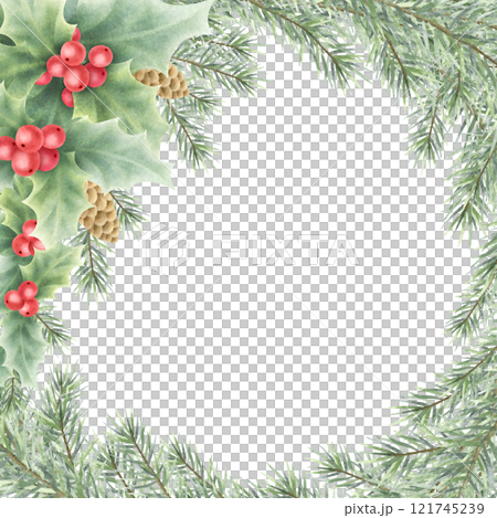 Christmas holly, berries, green spruce branches and cones. Hand drawn watercolor isolated festive illustration fir tree twigs. Square frame with copy space for text for New Year greeting templates. Christmas holly, berries, green spruce branches and cones. Hand drawn watercolor isolated festive illustration fir tree twigs. Square frame with copy space for text for New Year greeting templates. 121745239