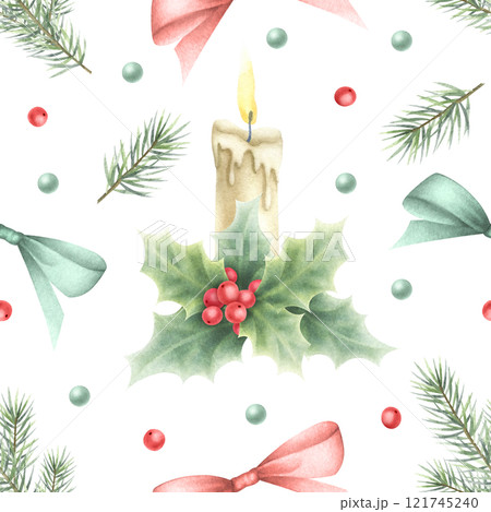 Christmas watercolor seamless pattern with candle, bows, holly, berries, leaves and spruce branches. Hand drawn winter illustration isolated on white for New Year festive packaging paper and textile. 121745240