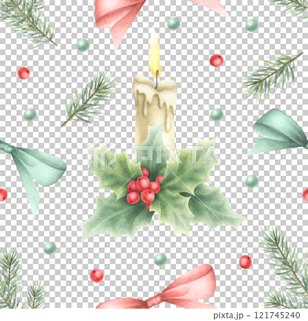 Christmas watercolor seamless pattern with candle, bows, holly, berries, leaves and spruce branches. Hand drawn winter illustration isolated on white for New Year festive packaging paper and textile. 121745240