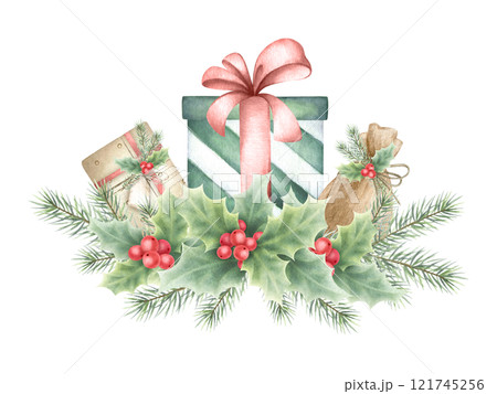 Christmas gift boxes and sack with bows, beige, green and red colors decorated with holly and spruce branches. Hand drawn watercolor isolated illustration for New Year greeting cards and designs. 121745256