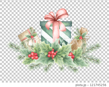 Christmas gift boxes and sack with bows, beige, green and red colors decorated with holly and spruce branches. Hand drawn watercolor isolated illustration for New Year greeting cards and designs. 121745256