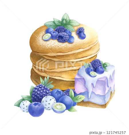 Pancakes, cake with blueberry, blackberry and candy with chia seeds. Hand drawn watercolor isolated illustration. For Mardi Gras, Shrovetide, Maslenitsa holiday, Shrove Tuesday, Fat Tuesday, carnival. 121745257