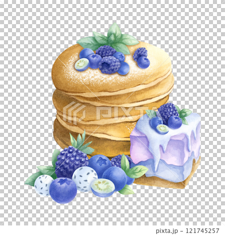 Pancakes, cake with blueberry, blackberry and candy with chia seeds. Hand drawn watercolor isolated illustration. For Mardi Gras, Shrovetide, Maslenitsa holiday, Shrove Tuesday, Fat Tuesday, carnival. 121745257