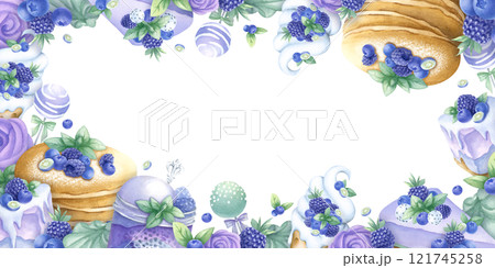 Pancakes, cakes, blueberry, blackberry, ice cream, marshmallows, cake pops and whipped cream in purple and green colors. Hand draw watercolor isolated illustration rectangular frame for bakery design. 121745258