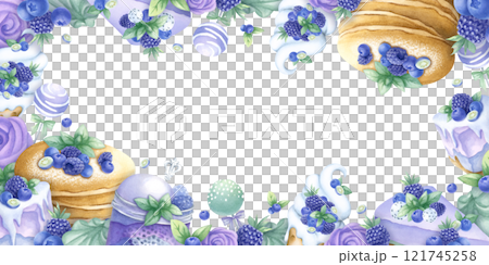 Pancakes, cakes, blueberry, blackberry, ice cream, marshmallows, cake pops and whipped cream in purple and green colors. Hand draw watercolor isolated illustration rectangular frame for bakery design. 121745258