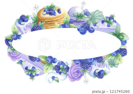 Pancakes, cakes, blueberry, blackberry, ice cream and marshmallows. Oval wreath frame of desserts and berries. Hand draw watercolor isolated illustration. Template with copy space for bakery design. 121745260