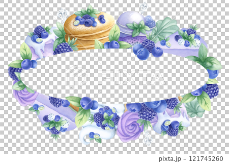 Pancakes, cakes, blueberry, blackberry, ice cream and marshmallows. Oval wreath frame of desserts and berries. Hand draw watercolor isolated illustration. Template with copy space for bakery design. 121745260