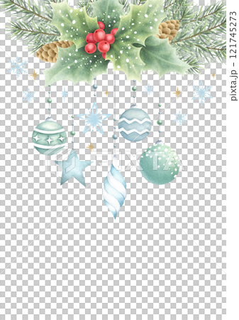 Christmas card vertical template with tree balls, snowflakes, holly berries, fir branches and cones. Hand drawn watercolor isolated illustration with empty space for text. For New year greeting cards. Christmas card vertical template with tree balls, snowflakes, holly berries, fir branches and cones. Hand drawn watercolor isolated illustration with empty space for text. For New year greeting cards. 121745273