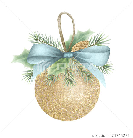 Christmas golden tree ball with fir branch and blue bow. Hand drawn watercolor isolated illustration. Composition for Happy New Year greeting cards template, sticker, festive packaging and designs. Christmas golden tree ball with fir branch and blue bow. Hand drawn watercolor isolated illustration. Composition for Happy New Year greeting cards template, sticker, festive packaging and designs. 121745276