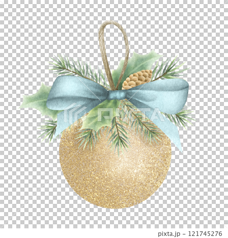 Christmas golden tree ball with fir branch and blue bow. Hand drawn watercolor isolated illustration. Composition for Happy New Year greeting cards template, sticker, festive packaging and designs. Christmas golden tree ball with fir branch and blue bow. Hand drawn watercolor isolated illustration. Composition for Happy New Year greeting cards template, sticker, festive packaging and designs. 121745276